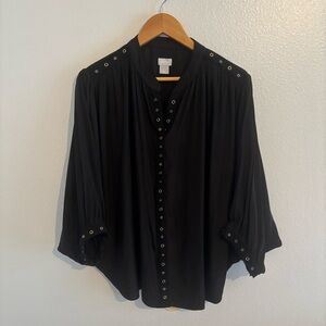 Chico’s Edgy Black Blouse Top Size 3 (16/18) Flowy with studded ring details
